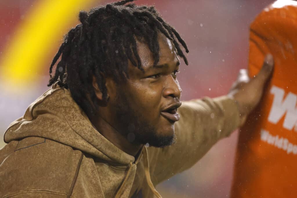 KANSAS CITY, MISSOURI - NOVEMBER 20: Jalen Carter #98 of the Philadelphia Eagles warms up before their game against the Kansas City Chiefs at GEHA Field at Arrowhead Stadium on November 20, 2023 in Kansas City, Missouri.