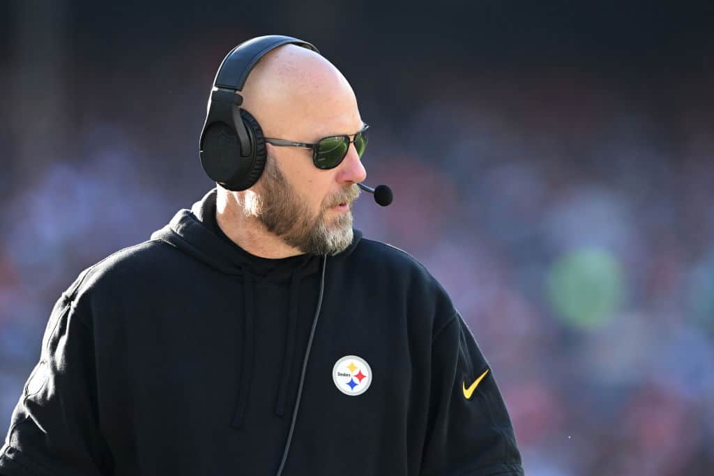Offensive coordinator Matt Canada of the Pittsburgh Steelers looks on in the third quarter against the Cleveland Browns at Cleveland Browns Stadium on November 19, 2023 in Cleveland, Ohio.