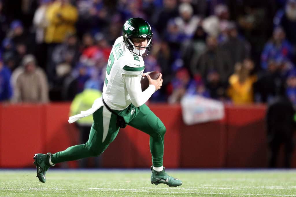 Zach Wilson #2 of the New York Jets drops back to pass in the second quarter against the Buffalo Bills at Highmark Stadium on November 19, 2023 in Orchard Park, New York.