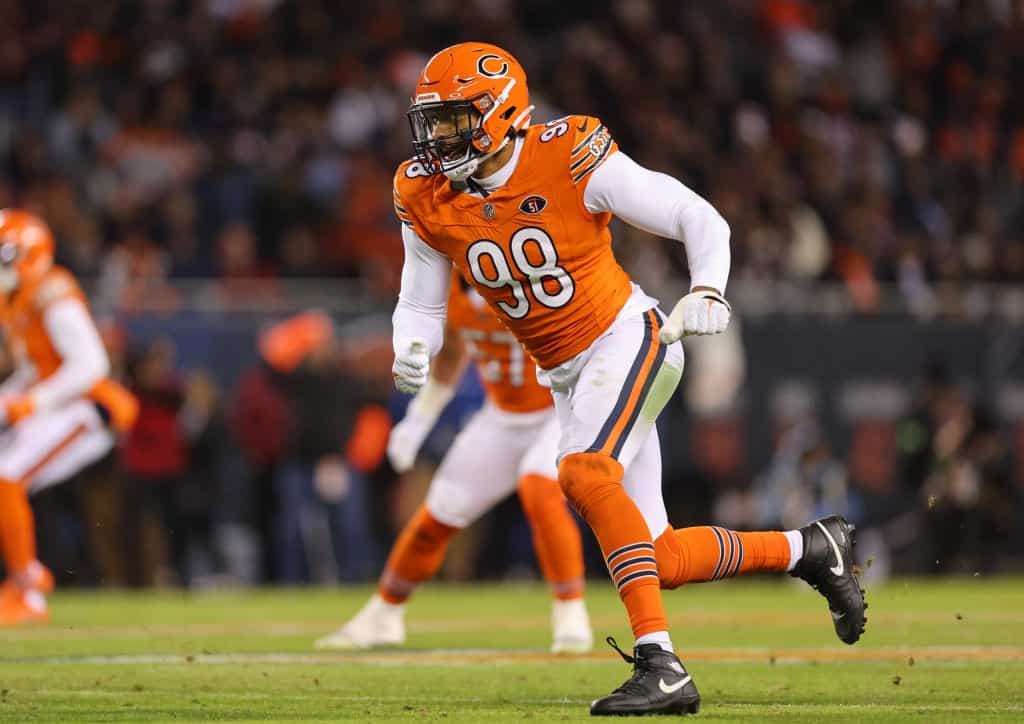 Montez Sweat #98 of the Chicago Bears rushes the quarterback during the second quarter against the Carolina Panthers at Soldier Field on November 09, 2023 in Chicago, Illinois.