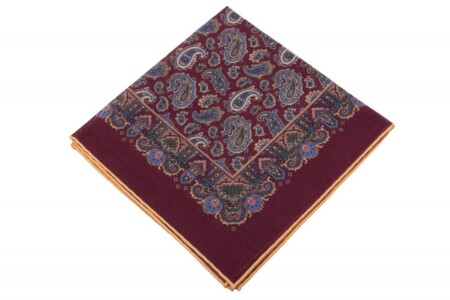 Burgundy Silk Wool Pocket Square with Paisley in Beige, Blue, Green and Pink and beige shoestring edge - Fort Belvedere