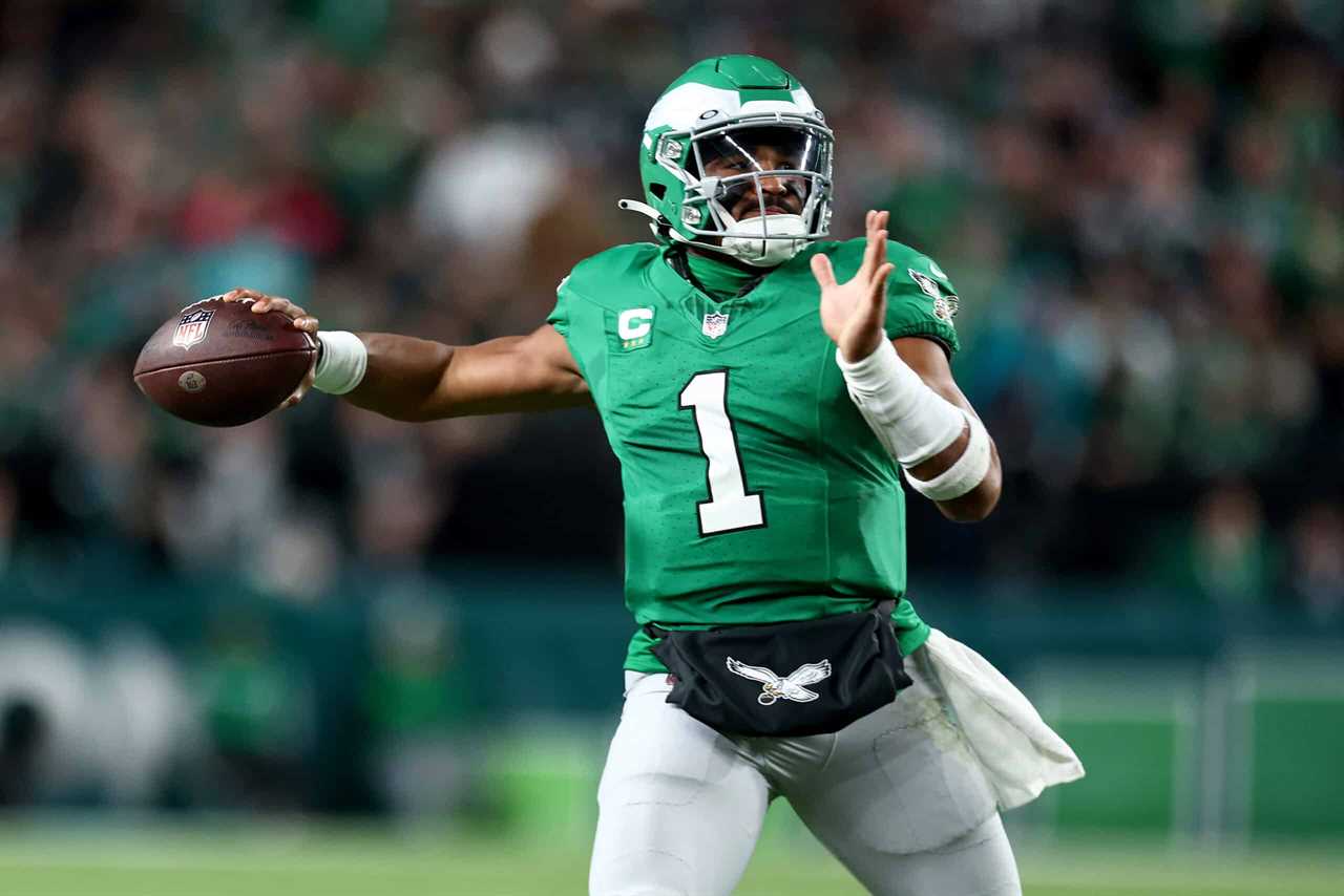 Jalen Hurts #1 of the Philadelphia Eagles looks to pass the ball during the first half of a game against the Miami Dolphins at Lincoln Financial Field on October 22, 2023 in Philadelphia, Pennsylvania.