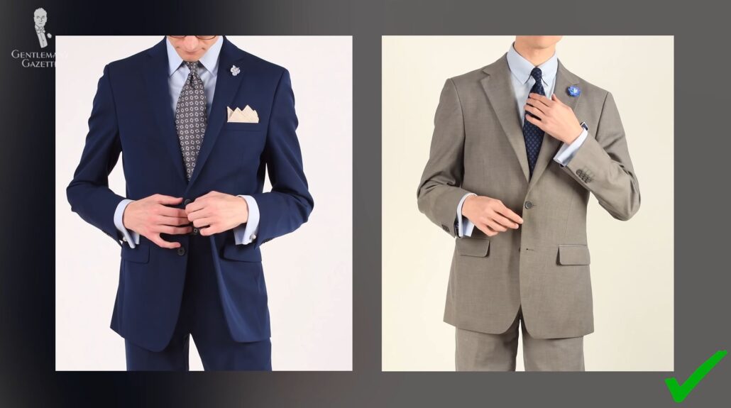Preston in two different ensembles employing the suit and tie combination in blue and gray
