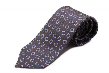 Battleship Gray Jacquard Woven Tie with Printed Light Blue and White Diamonds