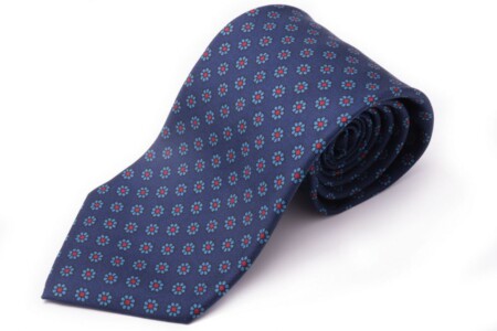 Madder Silk Tie in Dark Blue, Light Blue and Red Macclesfield Neats