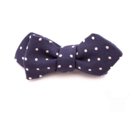 Wool Challis Bow Tie in Navy with White Polka Dots and Pointed Ends - Fort Belvedere