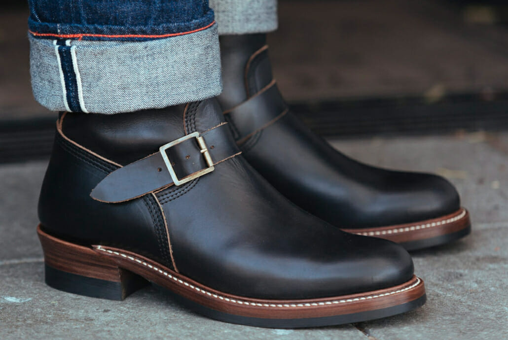 Leather engineer boots worn with cuffed denim jeans, as James Dean did in Rebel Without a Cause.