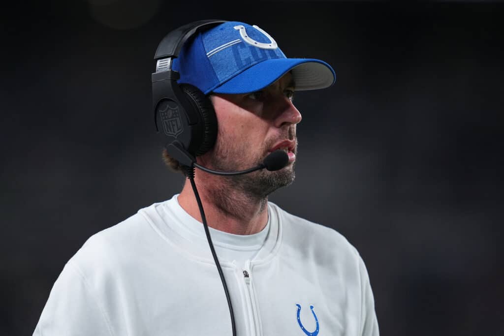 Head coach Shane Steichen of the Indianapolis Colts looks on against the Philadelphia Eagles in the first half of the preseason game at Lincoln Financial Field on August 24, 2023 in Philadelphia, Pennsylvania.