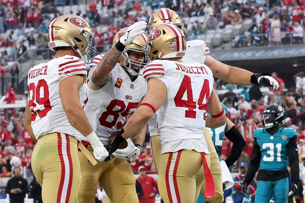 Kyle Juszczyk #44 of the San Francisco 49ers celebrates a touchdown with teammates during the fourth quarter against the Jacksonville Jaguars at EverBank Stadium on November 12, 2023 in Jacksonville, Florida.
