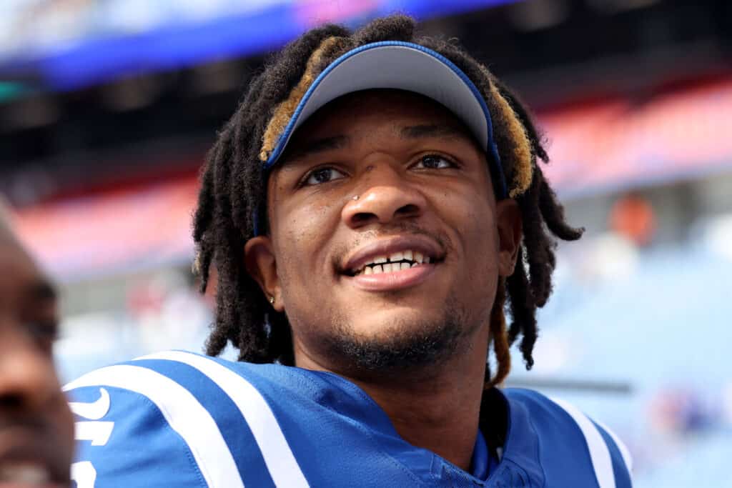 Anthony Richardson #5 of the Indianapolis Colts walks off the field after a preseason game against the Buffalo Bills at Highmark Stadium on August 12, 2023 in Orchard Park, New York.