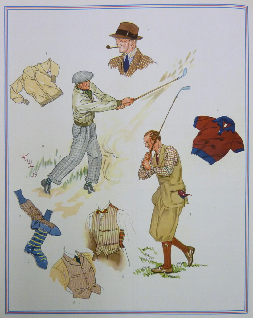 Photo of 1930s golfing attire including flat cap