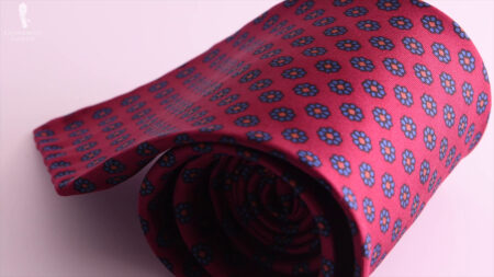 Madder Silk Tie in Dark Ruby Red Macclesfield Neats Blue Orange Pattern - Fort Belvedere