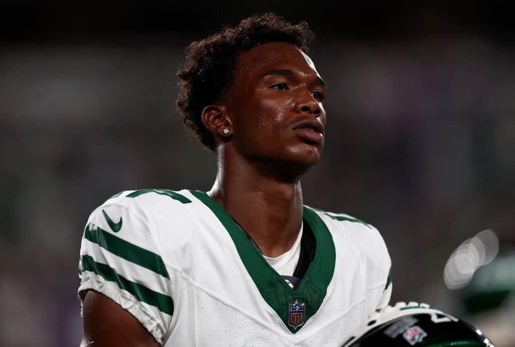 Garrett Wilson #17 of the New York Jets looks on before the game against the Buffalo Bills at MetLife Stadium on September 11, 2023 in East Rutherford, New Jersey.