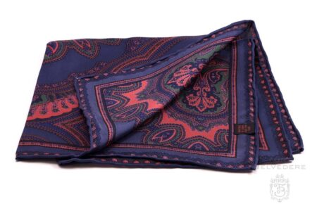 Silk Pocket Square in Dark Blue with Orange, Green Large Paisley Pattern- Fort Belvedere