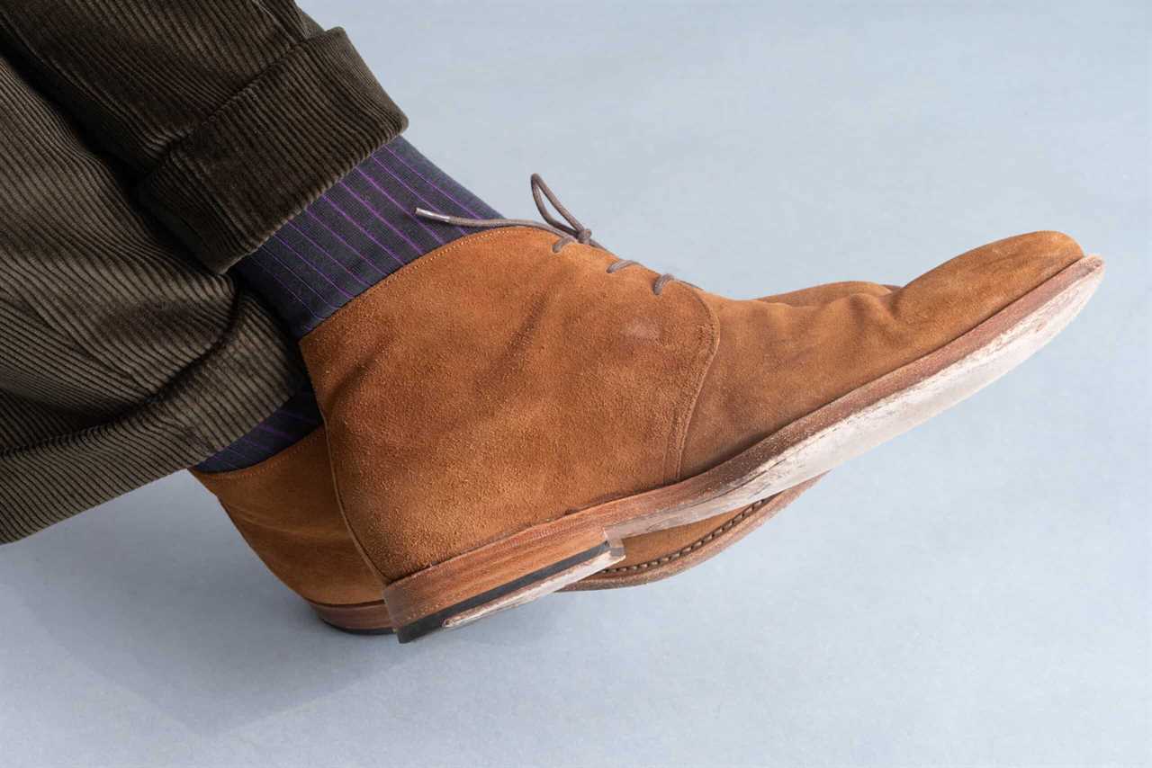 Photo of Dark Olive corduroy with suede shoes and purple and green Fort Belvedere socks