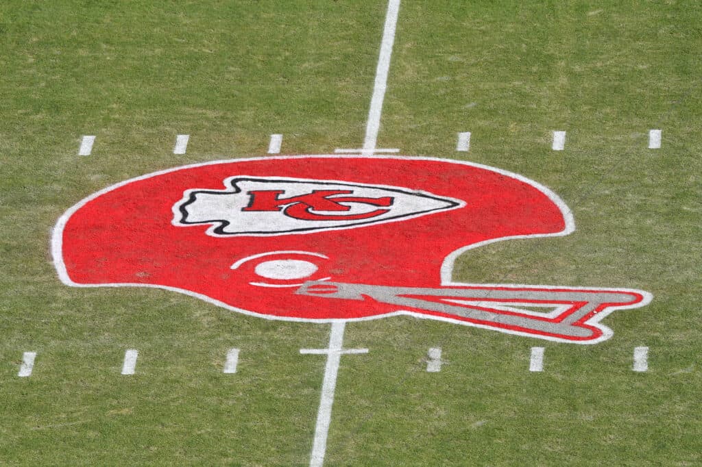 The Kansas City Chiefs helmet logo is seen on the field before the AFC Championship Game between the Kansas City Chiefs and the Tennessee Titans at Arrowhead Stadium on January 19, 2020 in Kansas City, Missouri.