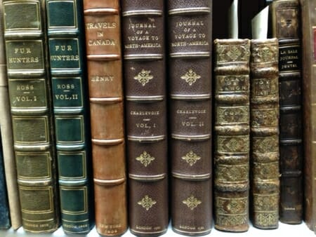 Leather bound travel books on a shelf