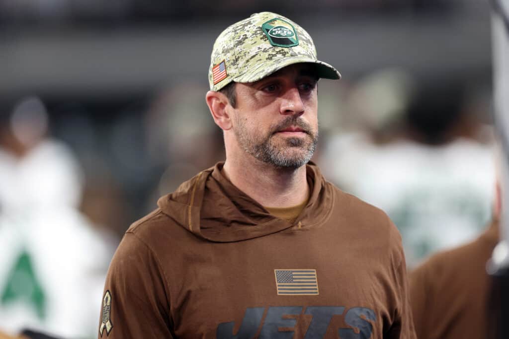 Aaron Rodgers #8 of the New York Jets watches prior to the game against the Las Vegas Raiders at Allegiant Stadium on November 12, 2023 in Las Vegas, Nevada.