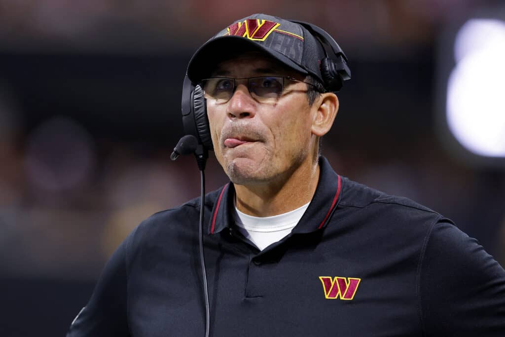 Head coach Ron Rivera of the Washington Commanders looks on during the third quarter against the Atlanta Falcons at Mercedes-Benz Stadium on October 15, 2023 in Atlanta, Georgia