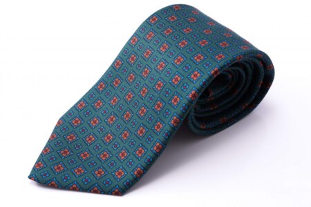 Madder Silk Tie in Green with Blue Orange Motif - Fort Belvedere