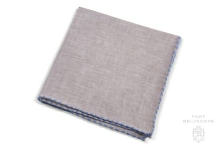 Light Brown Linen Pocket Square with Blue Handrolled X Stitch - Fort Belvedere