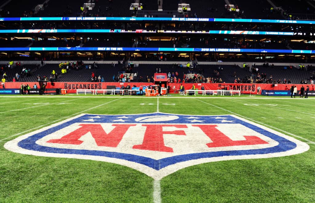 Detailed view of the NFL logo on the pitch after the NFL match between the Carolina Panthers and Tampa Bay Buccaneers at Tottenham Hotspur Stadium on October 13, 2019 in London, England.