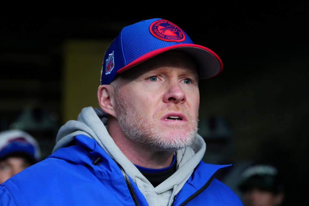 PHILADELPHIA, PENNSYLVANIA - NOVEMBER 26: Head coach Sean McDermott of the Buffalo Bills takes the field prior to a game against the Philadelphia Eagles at Lincoln Financial Field on November 26, 2023 in Philadelphia, Pennsylvania.