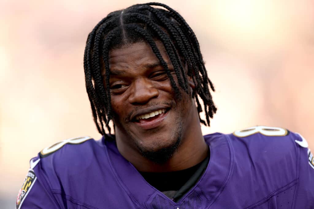 Lamar Jackson #8 of the Baltimore Ravens looks on against the Seattle Seahawks during the second half at M&T Bank Stadium on November 05, 2023 in Baltimore, Maryland.