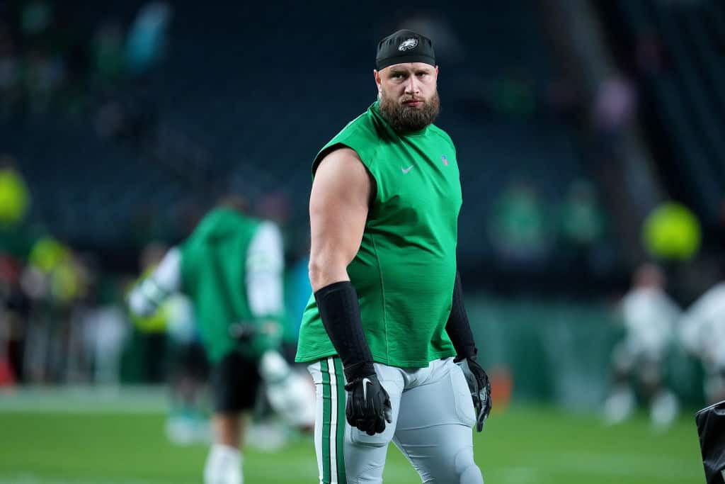 Lane Johnson #65 of the Philadelphia Eagles looks on prior to a game against the Miami Dolphins at Lincoln Financial Field on October 22, 2023 in Philadelphia, Pennsylvania.