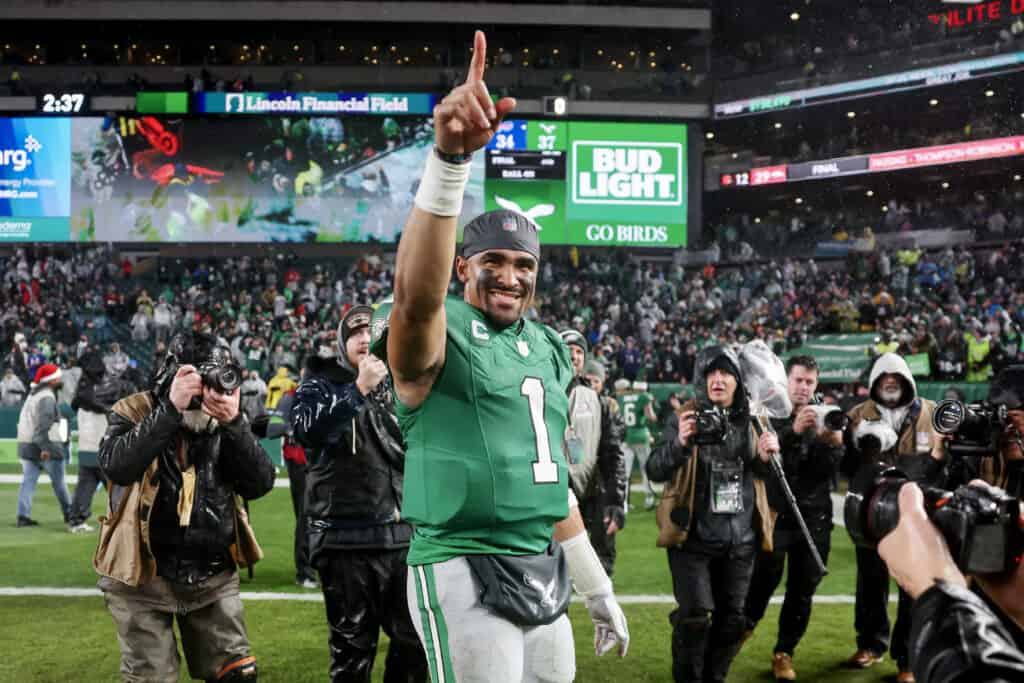 PHILADELPHIA, PENNSYLVANIA - NOVEMBER 26: Jalen Hurts #1 of the Philadelphia Eagles celebrates after his team's 37-34 overtime win against the Buffalo Bills at Lincoln Financial Field on November 26, 2023 in Philadelphia, Pennsylvania.