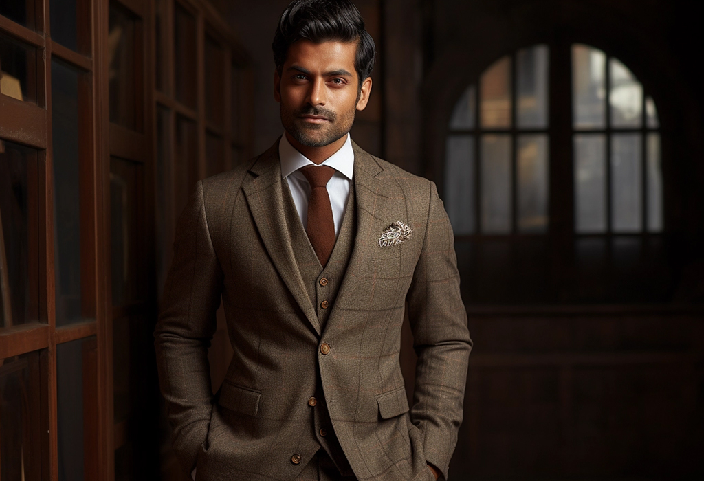 man wearing three-piece mtm suit with brown tie and pocket square