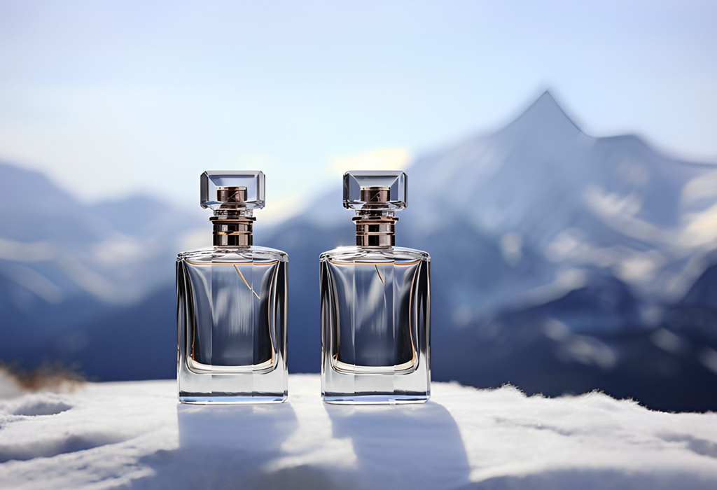 two bottles of perfume on the snow