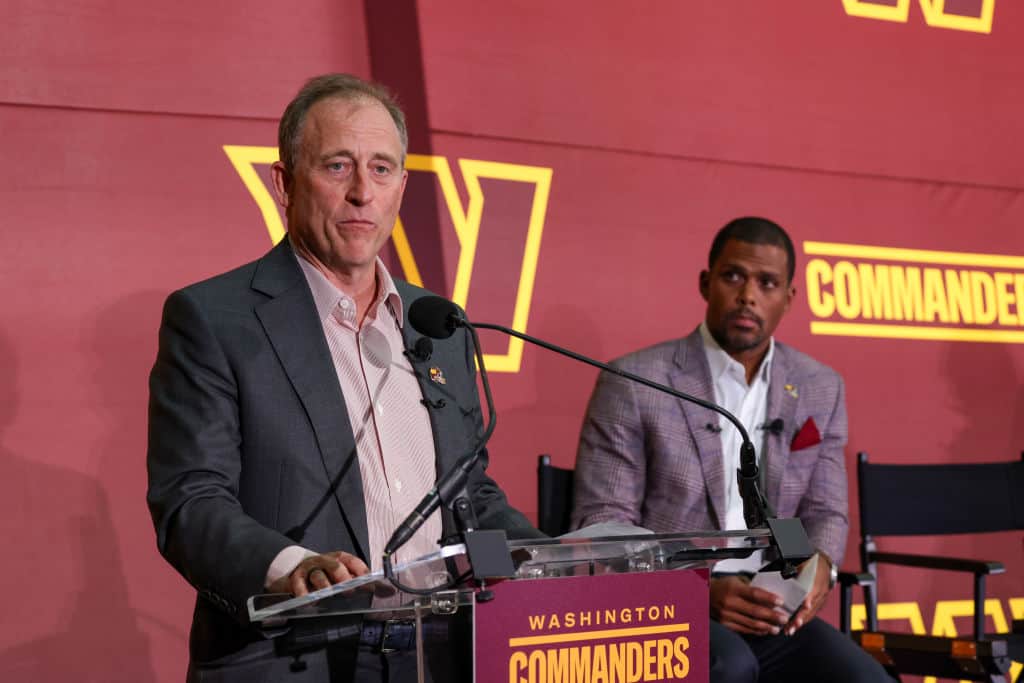 Josh Harris, a new owner of the Washington Commanders, delivers remarks during a press conference introducing the team's new ownership at FedExField on July 21, 2023 in Landover, Maryland. NFL teams owners have unanimously approved a $6.05 billion sale of the Commanders from Dan Snyder to a group led by Josh Harris.