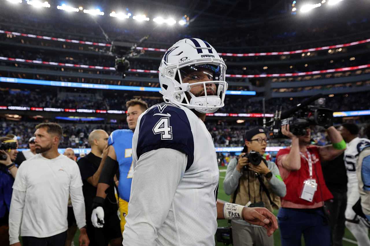 Dak Prescott #4 of the Dallas Cowboys reacts after the Dallas Cowboys defeated the Los Angeles Chargers 20-17 at SoFi Stadium on October 16, 2023 in Inglewood, California.