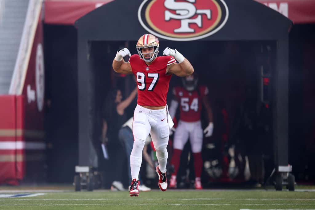 Nick Bosa #97 of the San Francisco 49ers takes the field prior to the game against the New York Giants at Levi's Stadium on September 21, 2023 in Santa Clara, California.