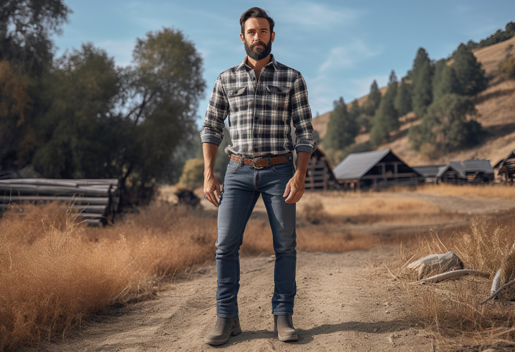 village man dressed in jeans, boots and flannel shirt