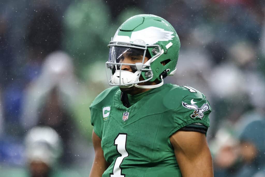 PHILADELPHIA, PENNSYLVANIA - NOVEMBER 26: Jalen Hurts #1 of the Philadelphia Eagles looks on during the first quarter against the Buffalo Bills at Lincoln Financial Field on November 26, 2023 in Philadelphia, Pennsylvania.