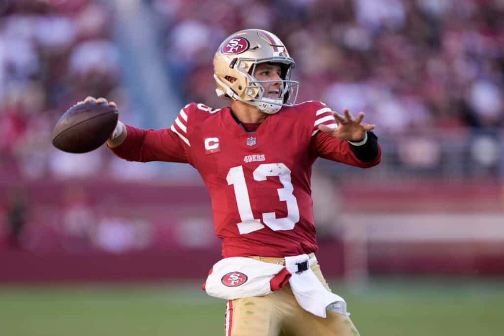 Brock Purdy #13 of the San Francisco 49ers throws a pass during the fourth quarter of the game against the Cincinnati Bengals at Levi's Stadium on October 29, 2023 in Santa Clara, California.