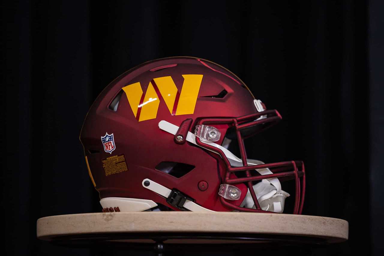 A view of a Washington Commanders helmet on display during a press conference to introduce quarterback Carson Wentz at Inova Sports Performance Center on March 17, 2022 in Ashburn, Virginia.