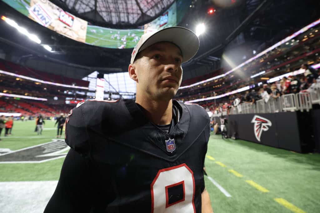 ATLANTA, GEORGIA - NOVEMBER 26: Desmond Ridder #9 of the Atlanta Falcons celebrates after the game against the New Orleans Saints at Mercedes-Benz Stadium on November 26, 2023 in Atlanta, Georgia.