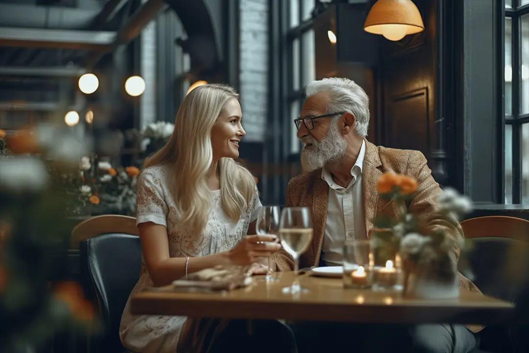 older man and younger woman having a date at restaurant