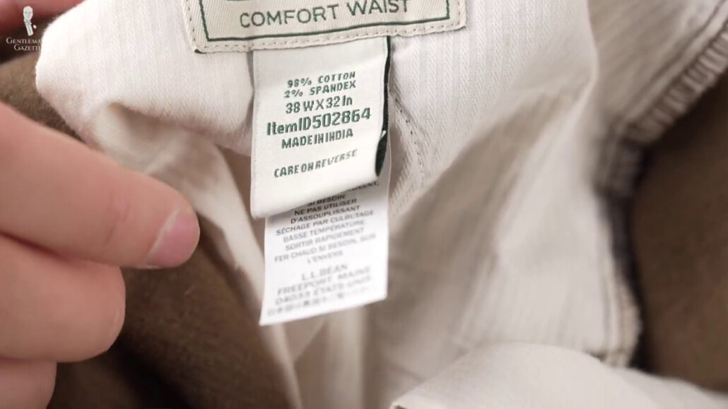 LL Bean Corduroy fabric label