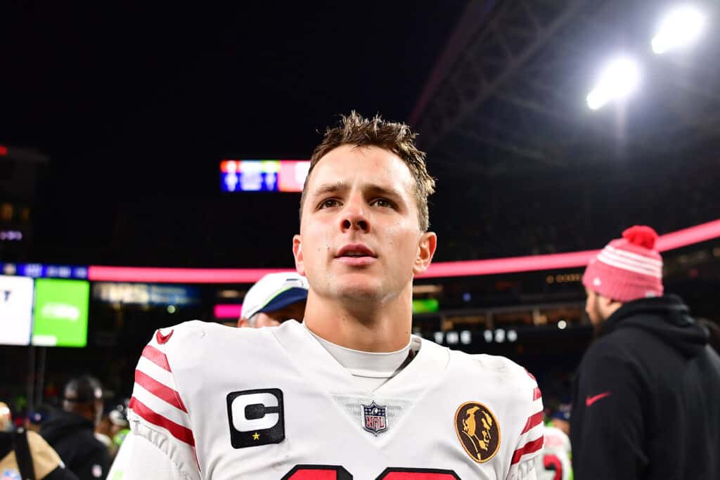SEATTLE, WASHINGTON - NOVEMBER 23: Brock Purdy #13 of the San Francisco 49ers looks on after a game against the Seattle Seahawks at Lumen Field on November 23, 2023 in Seattle, Washington.