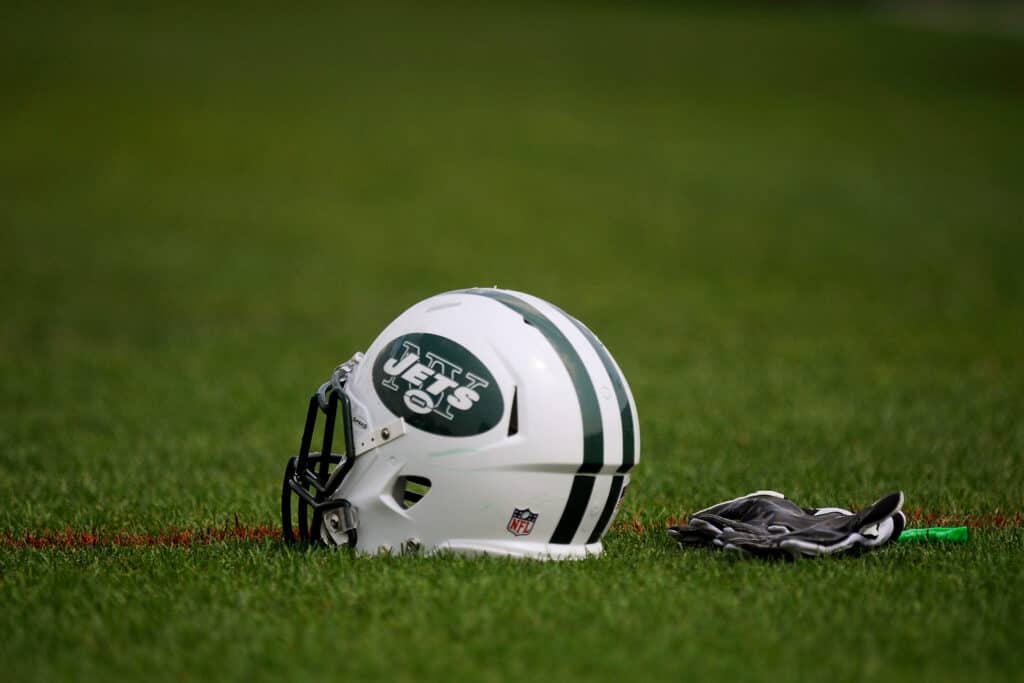 A New York Jets helmet at NY Jets Practice Facility on August 7, 2011 in Florham Park, New Jersey.
