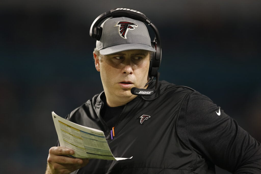Head coach Arthur Smith of the Atlanta Falcons looks on against the Miami Dolphins during a preseason game at Hard Rock Stadium on August 21, 2021 in Miami Gardens, Florida.