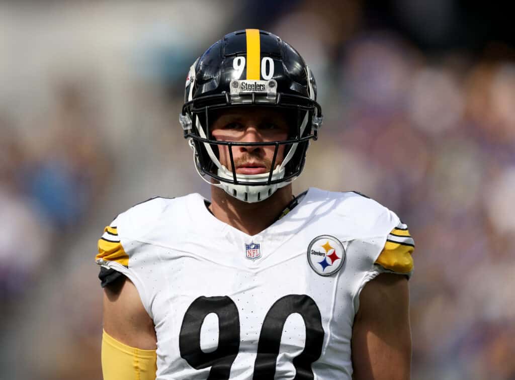 INGLEWOOD, CALIFORNIA - OCTOBER 22: T.J. Watt #90 of the Pittsburgh Steelers waits for the start of play during a 24-17 win over the Los Angeles Rams at SoFi Stadium on October 22, 2023 in Inglewood, California. 