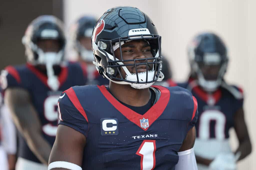 JACKSONVILLE, FLORIDA - SEPTEMBER 24: Jimmie Ward #1 of the Houston Texans looks on prior to the game against the Jacksonville Jaguars at EverBank Stadium on September 24, 2023 in Jacksonville, Florida.