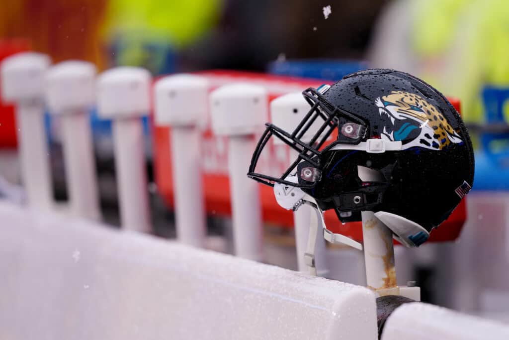 KANSAS CITY, MISSOURI - JANUARY 21: A Jacksonville Jaguars helmet rests on a heater prior to the AFC Divisional Playoff game between the Jacksonville Jaguars and the Kansas City Chiefs at Arrowhead Stadium on January 21, 2023 in Kansas City, Missouri.