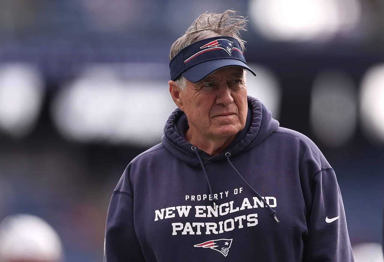 Bill Belichick of the New England Patriots looks on before the game against the Buffalo Bills at Gillette Stadium on October 22, 2023 in Foxborough, Massachusetts.