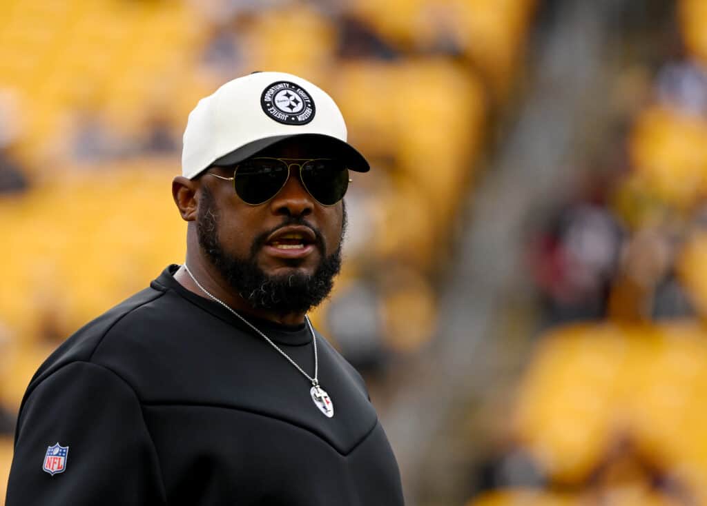 PITTSBURGH, PENNSYLVANIA - DECEMBER 03: Head coach Mike Tomlin of the Pittsburgh Steelers looks on during warm ups prior to the game against the Arizona Cardinals at Acrisure Stadium on December 03, 2023 in Pittsburgh, Pennsylvania